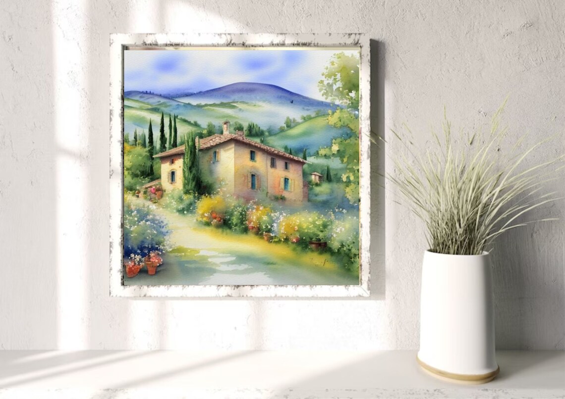 Tuscany Country Villa Watercolor Among Cypress Trees and Hills Poster - Image 4
