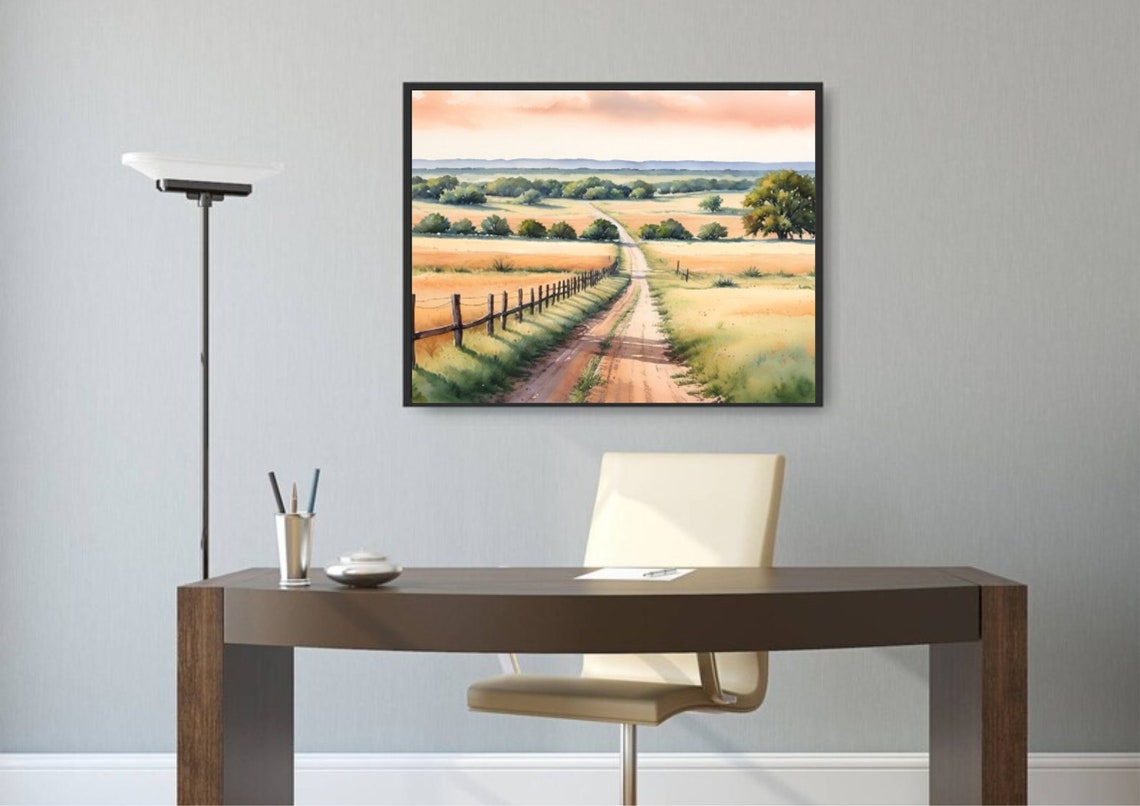 Texas Painting Country Road Through Farm Meadow Watercolor Art Print Texas Farm Ranch Wall Art Country Landscape Art Grass Hills Landscape - Image 3