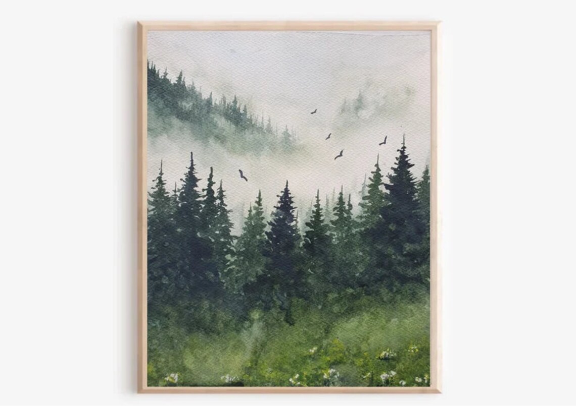 Misty Pine Forest Birds Flying Watercolor Pacific Northwest Art Poster - Image 5