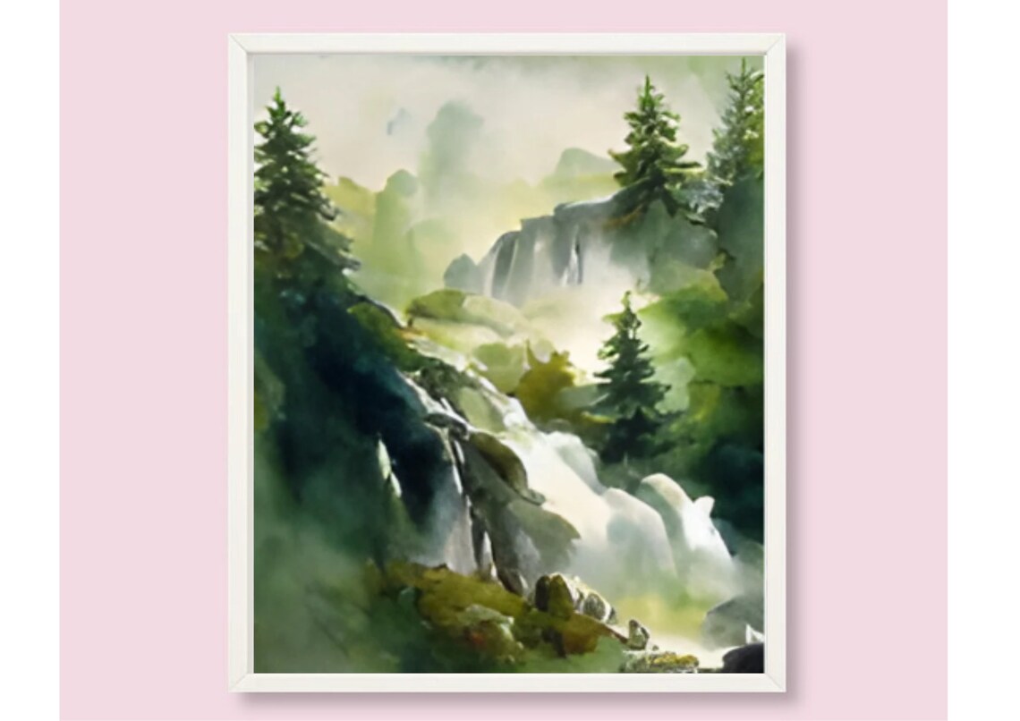 Misty Waterfall Cascading Through Foggy Green Forest Watercolor Print - Image 6