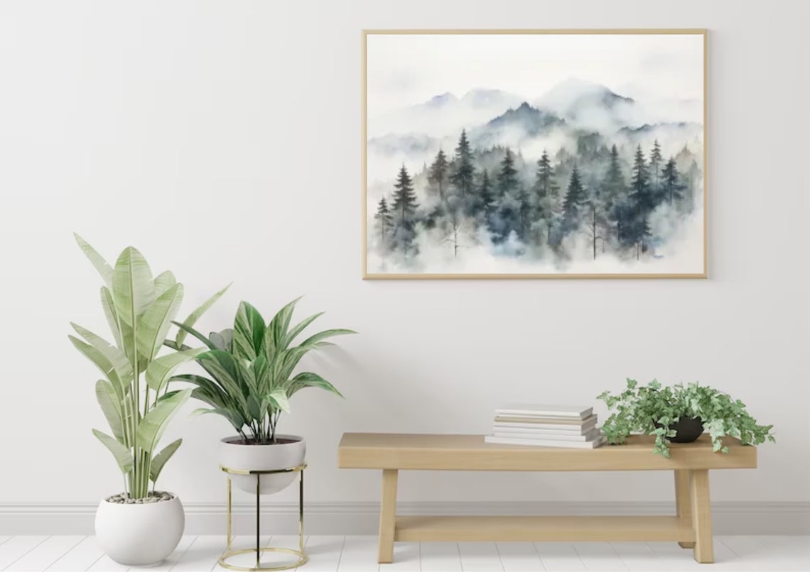 Foggy Evergreen Pine Forest Misty Gray Mountain Watercolor Poster - Image 4