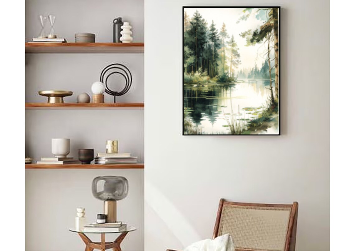 Pine Trees Watercolor Art Print, Forest Lake Landscape - Image 4
