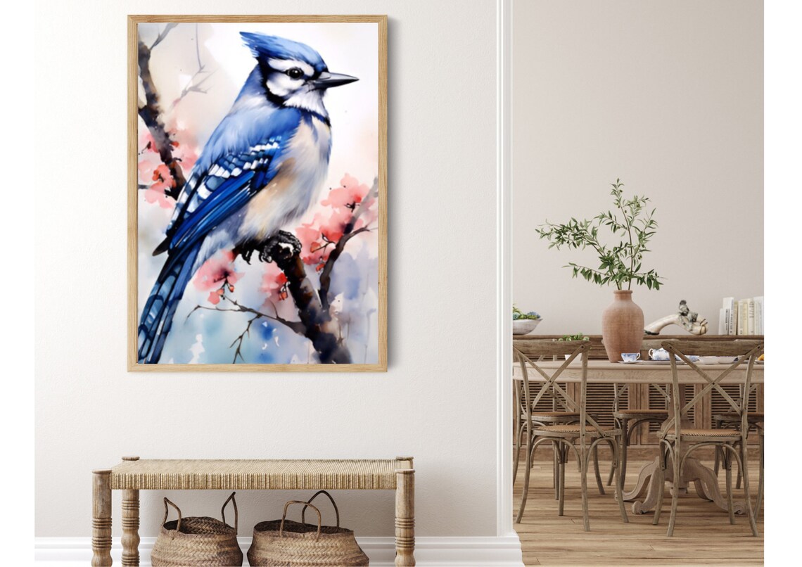 Blue Jay on Blossoming Branch Vivid Watercolor Bird Portrait Poster - Image 3