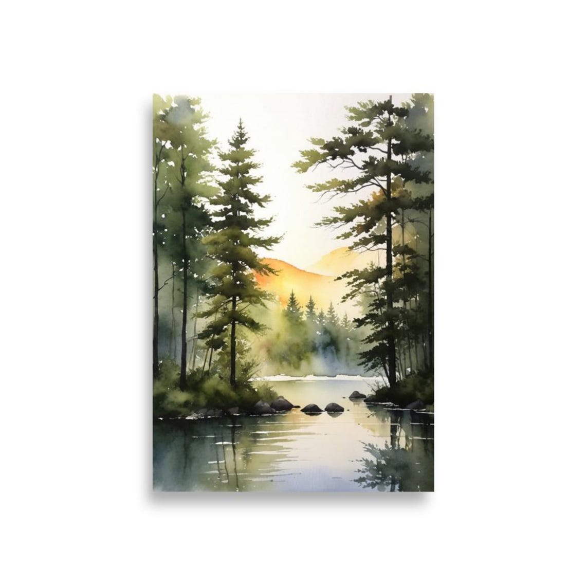 Glowing Sunrise Pine Forest Lake Watercolor Reflection Poster - Image 5
