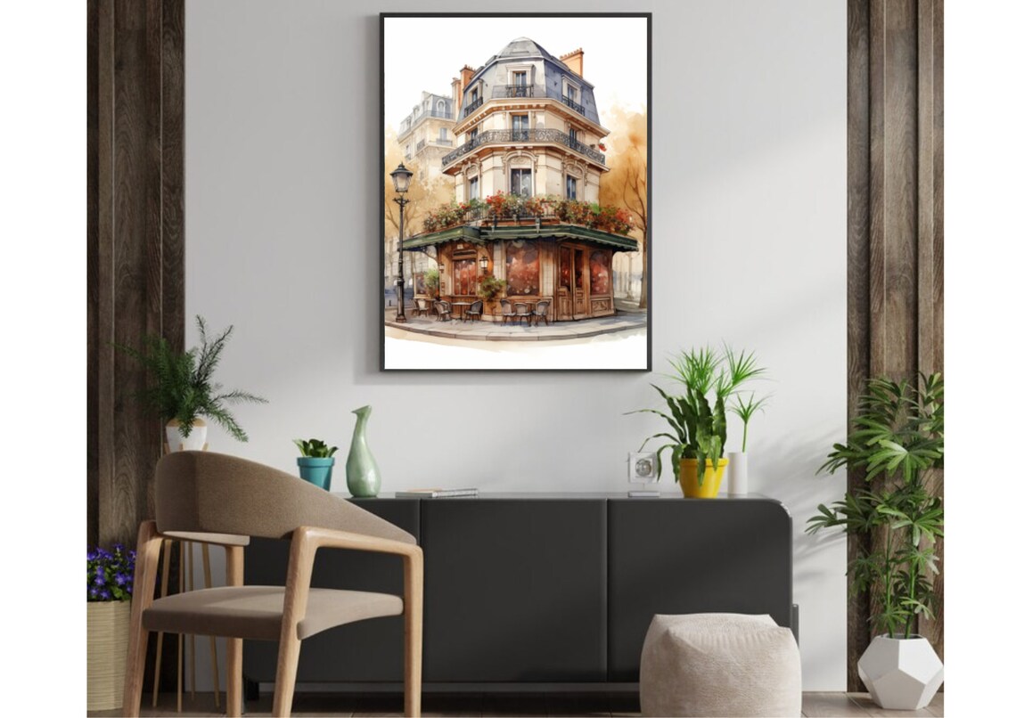 Paris Corner Cafe Watercolor With Flowers in Soft Tones Poster - Image 5