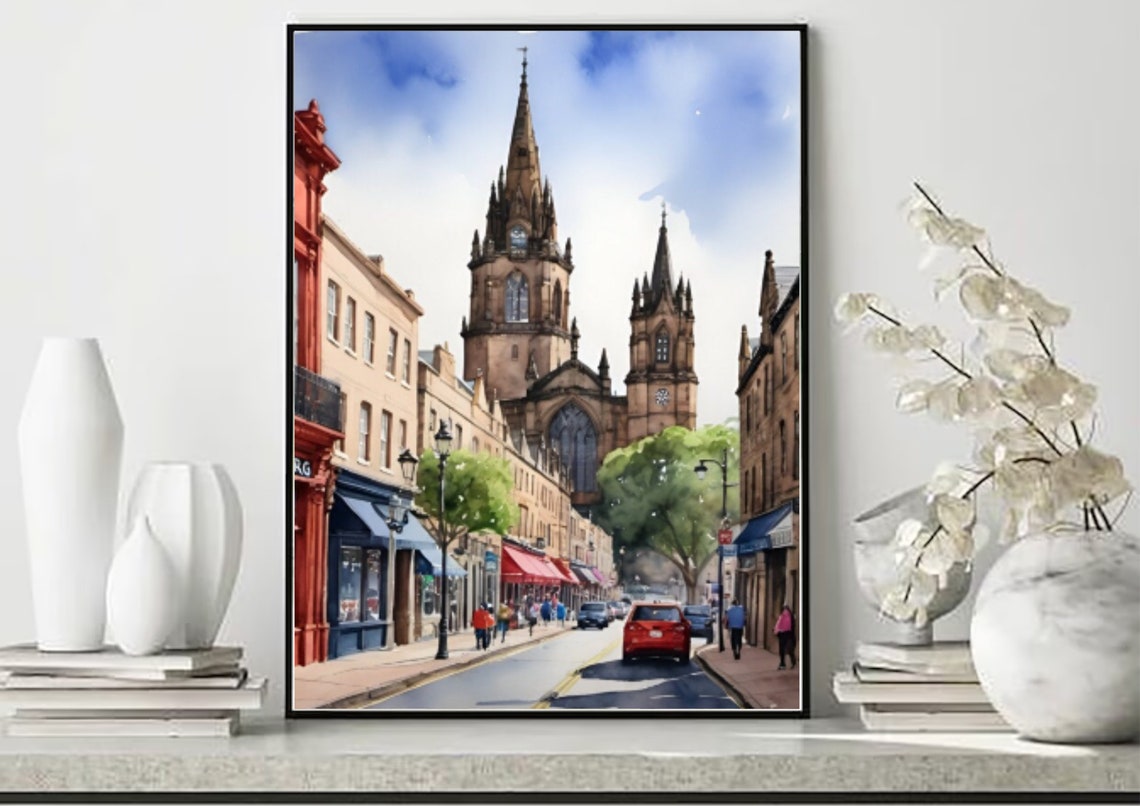 Edinburgh Painting Scotland Cityscape Watercolor Art Print Scottish Town Wall Art Edinburgh Street And St Marys Cathedral Watercolor Print - Image 5