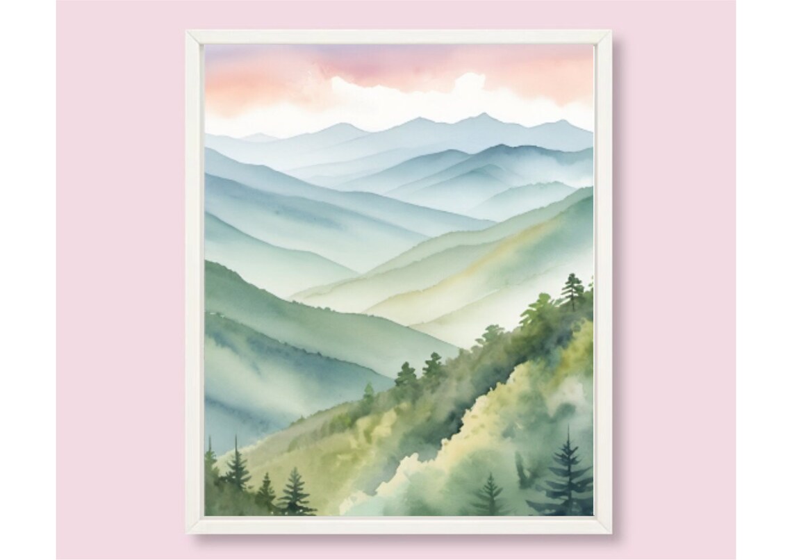 Great Smoky Mountains Misty Blue Ridges Sunrise Watercolor Poster - Image 6