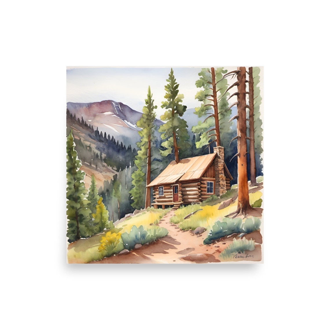 Colorado Mountain Cabin Pine Forest Watercolor Landscape Poster - Image 2