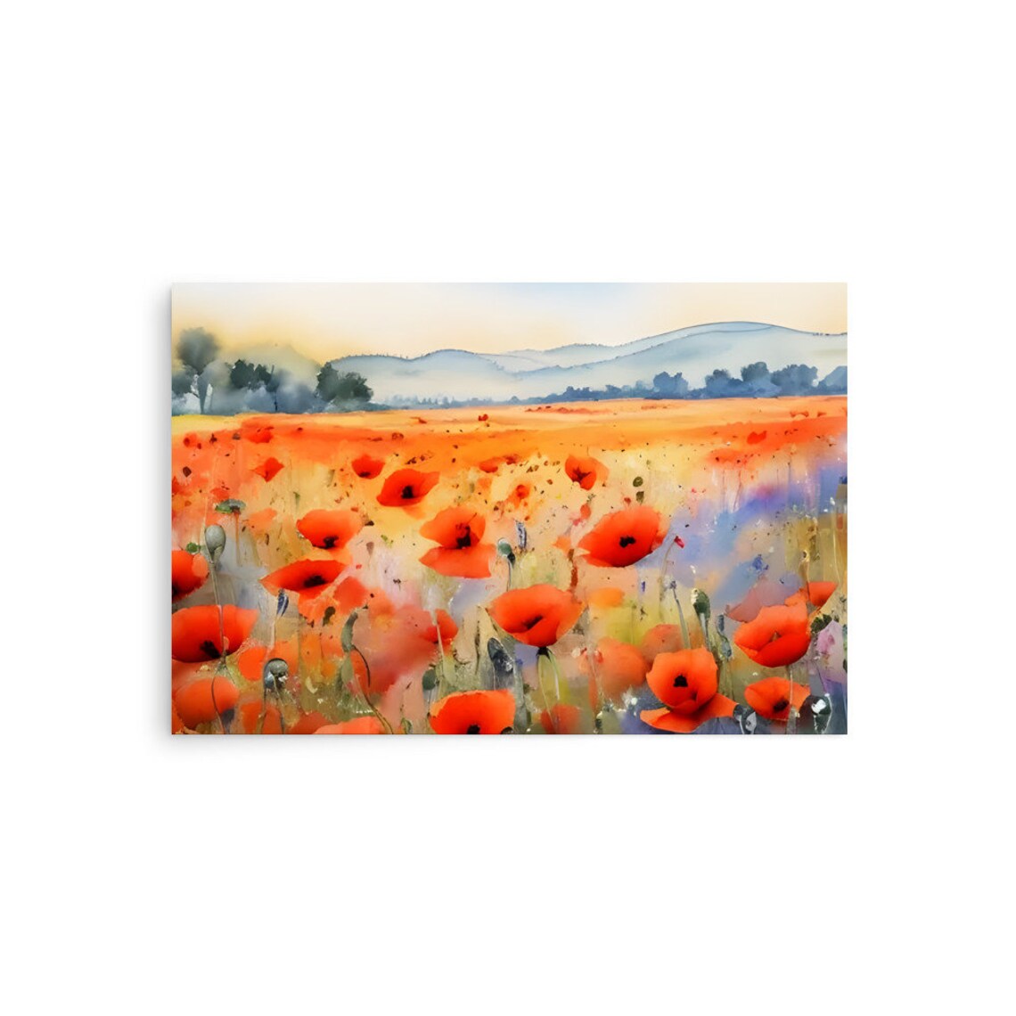 Poppies Field Watercolor Panoramic Landscape Art Print - Image 2