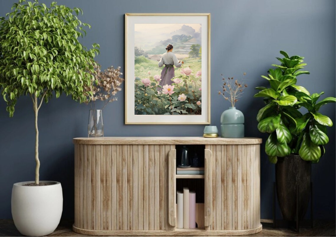 Woman In A Rose Garden Painting Woman Portrait Watercolor Art Print Flowers Garden Wall Art Country Flowers Garden Landscape Art Spring Art - Image 3