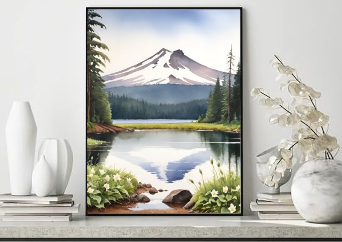 Trillium Lake Painting Mt Hood National Forest Watercolor Art Print Oregon Landscape Wall Art Mountain Lake Pine Trees And Wildflowers Print - Image 5