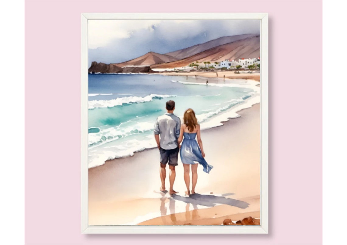 Couple Walking On Beach Watercolor Romantic Seaside Travel Art Poster - Image 6