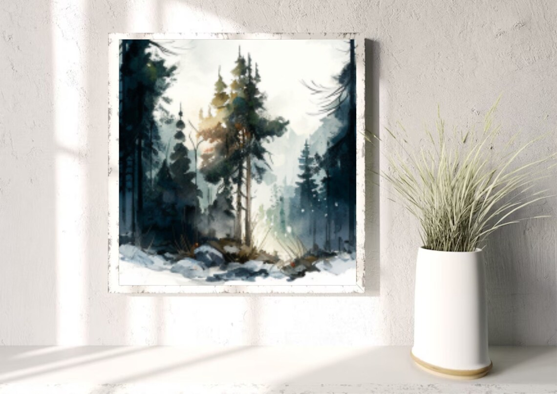 Tall Pines in Fog Sunlight Breaking Through Forest Watercolor Poster - Image 3