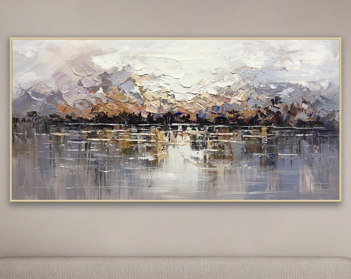 Golden Abstract Waterfront City Reflection Skyline Painting Wall Art