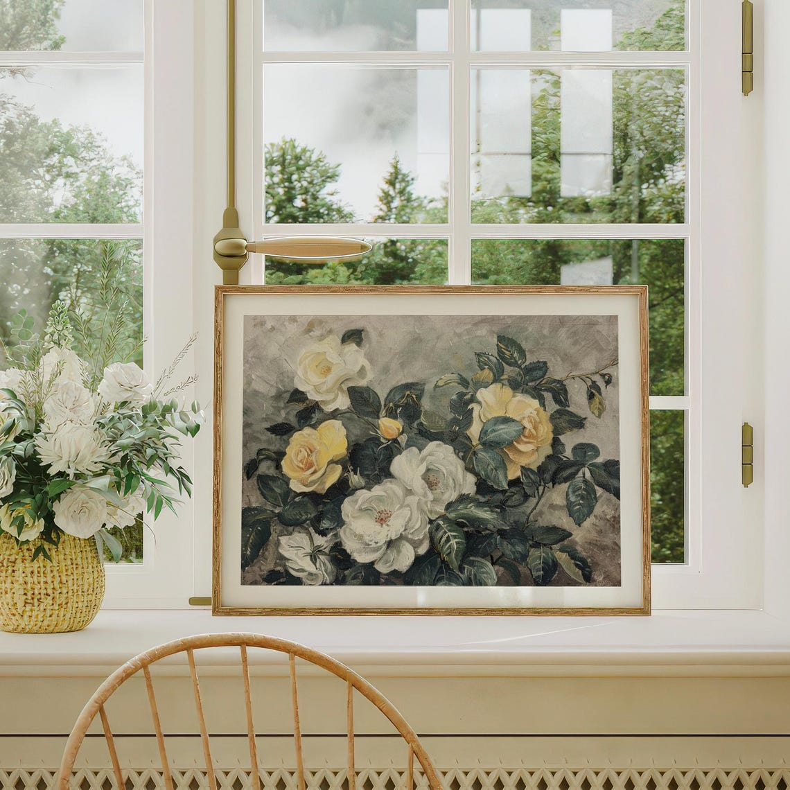 White And Yellow Roses Vintage Floral Painting Romantic Poster