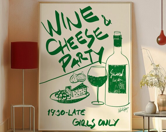 Wine and Cheese Party Hand Drawn Girls Night Celebration Invite Poster