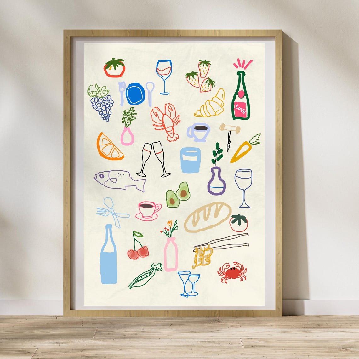 Retro Dinner Table Food Illustrations Maximalist Kitchen Poster