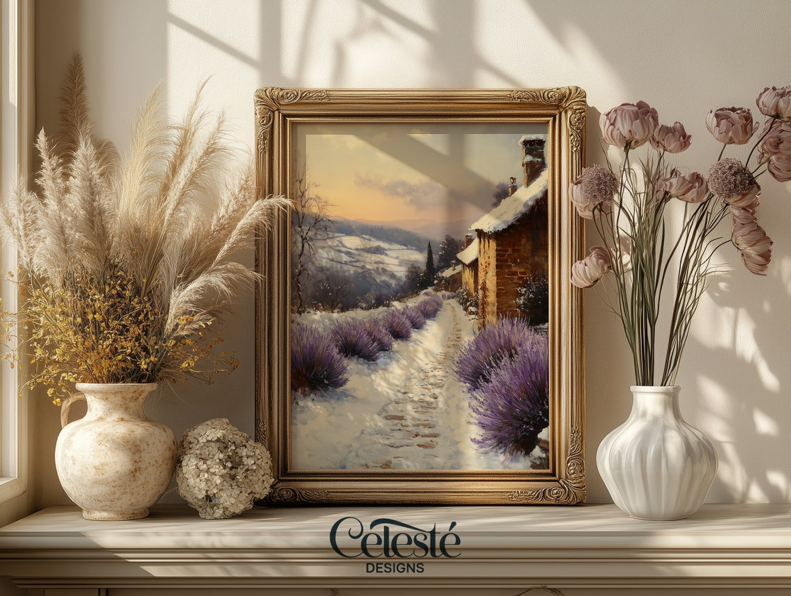 Snowy Lavender Field Country Cottage Winter Landscape Cozy Art Poster