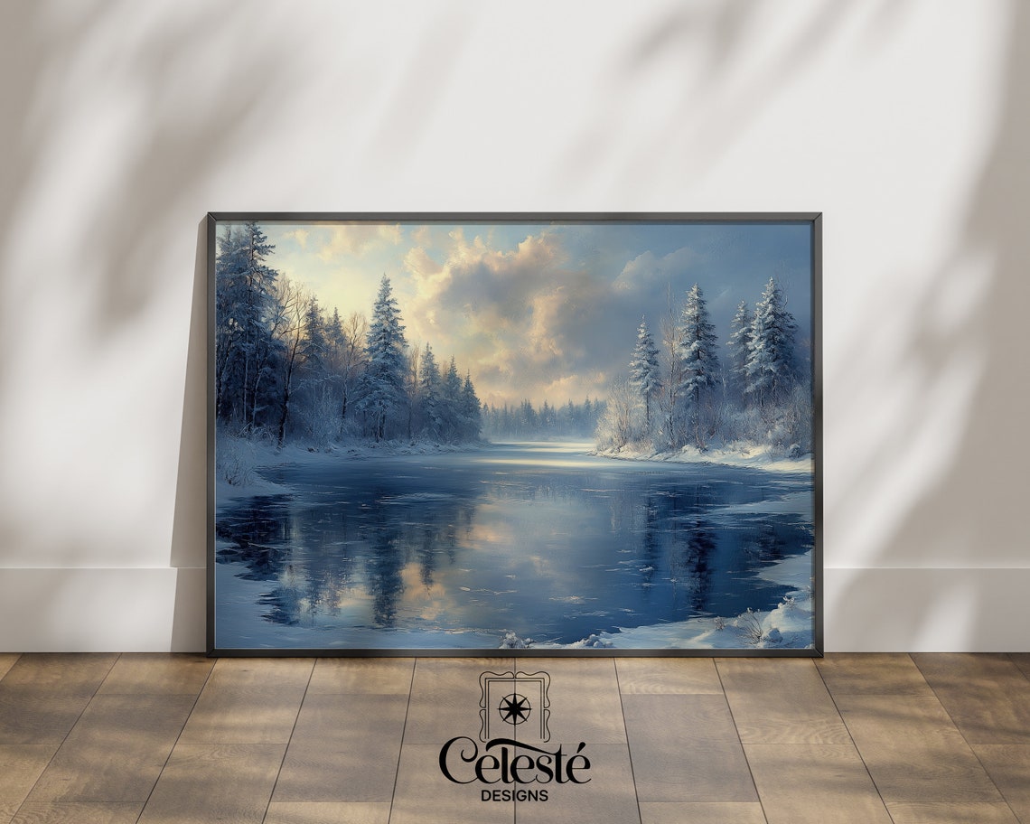 Serene Winter Lake Snowy Forest Reflection Landscape Art Poster