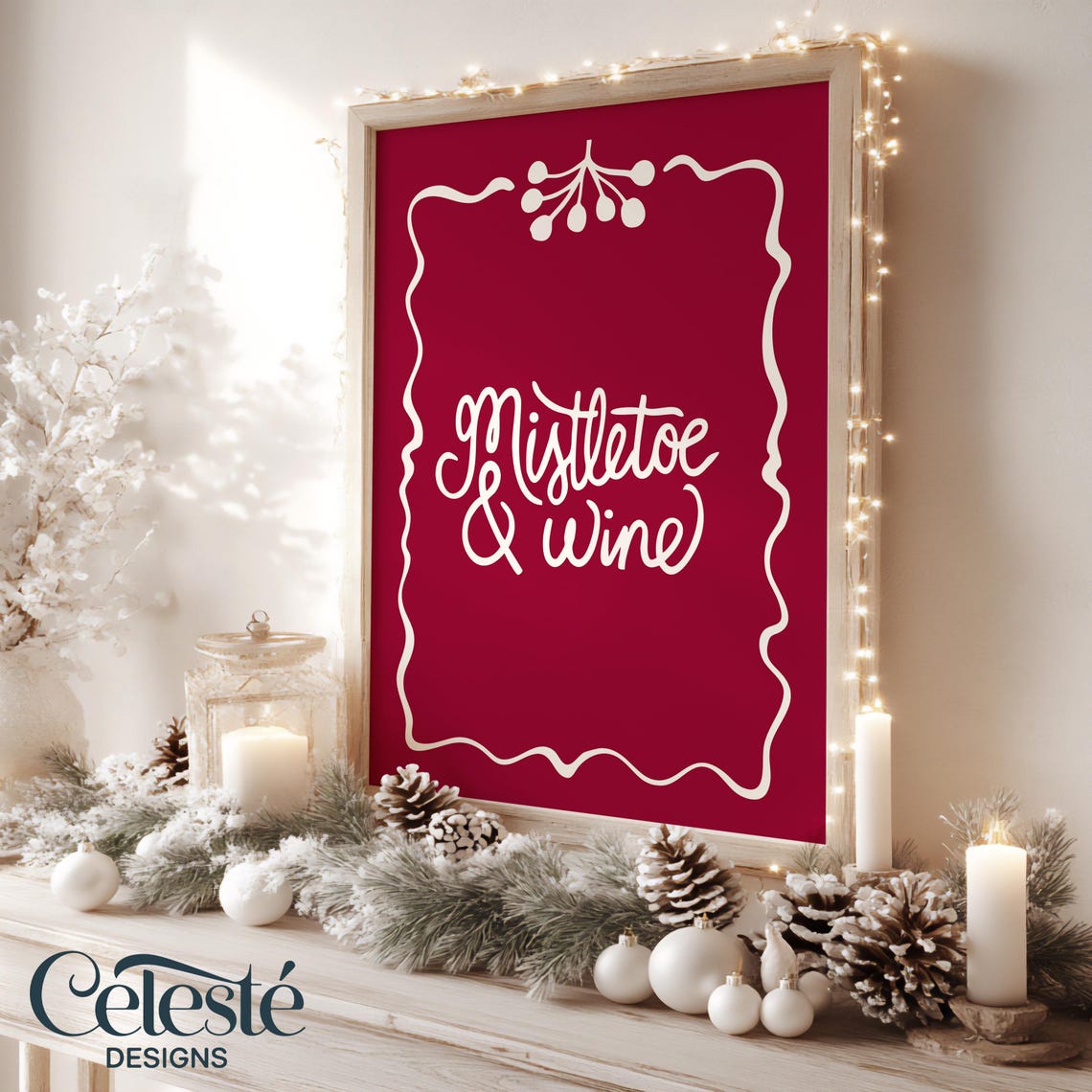 Mistletoe And Wine Red Christmas Typography Script Holiday Poster