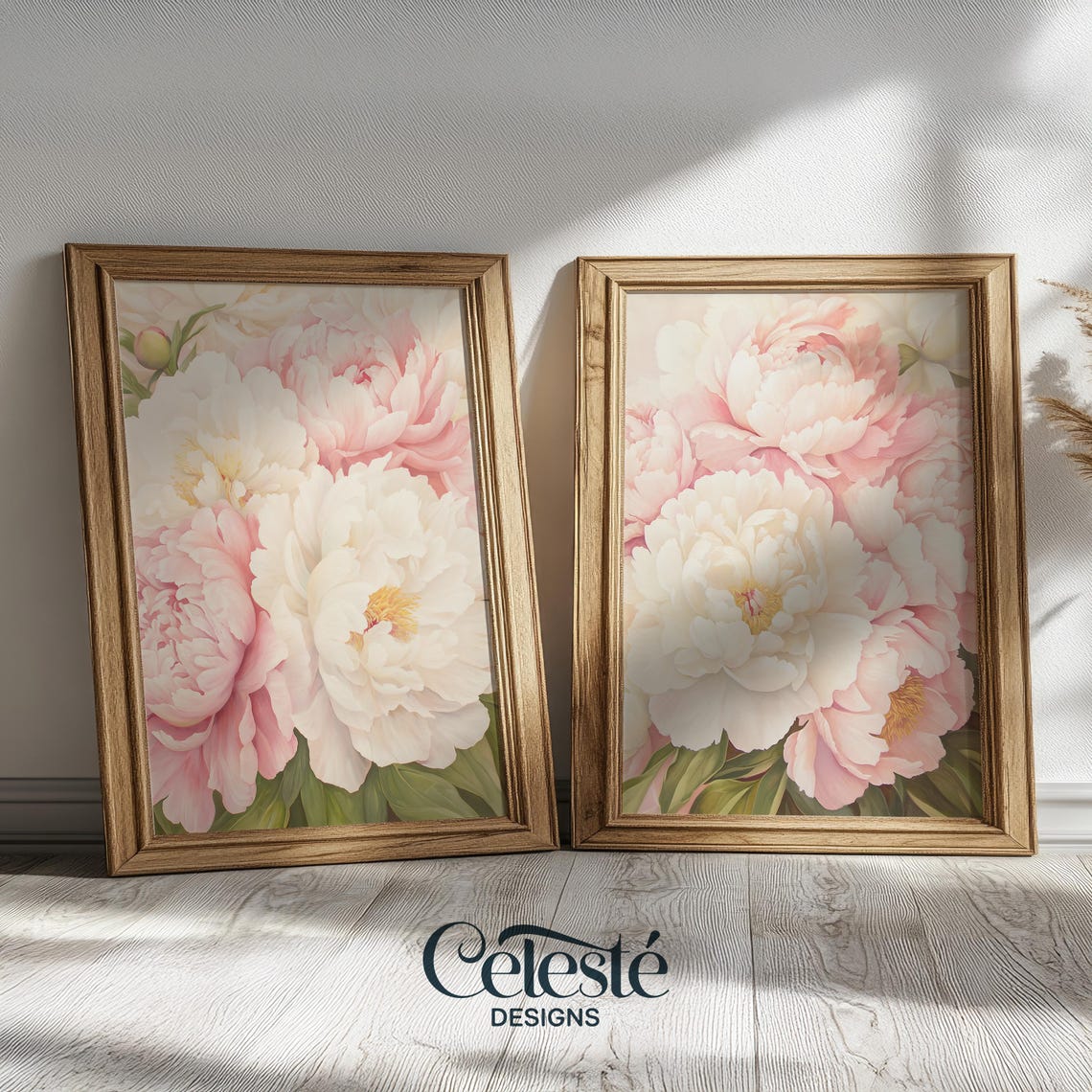 Blush Pink and White Peony Flower Pair Botanical Matching Art Print