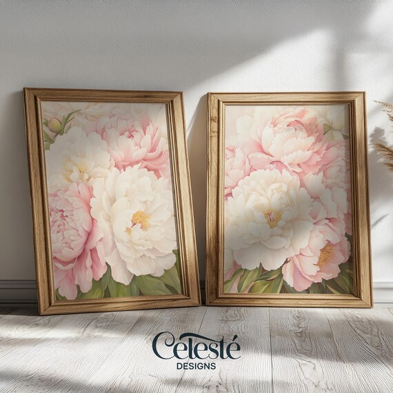 Blush Pink and White Peony Flower Pair Botanical Matching Art Print
