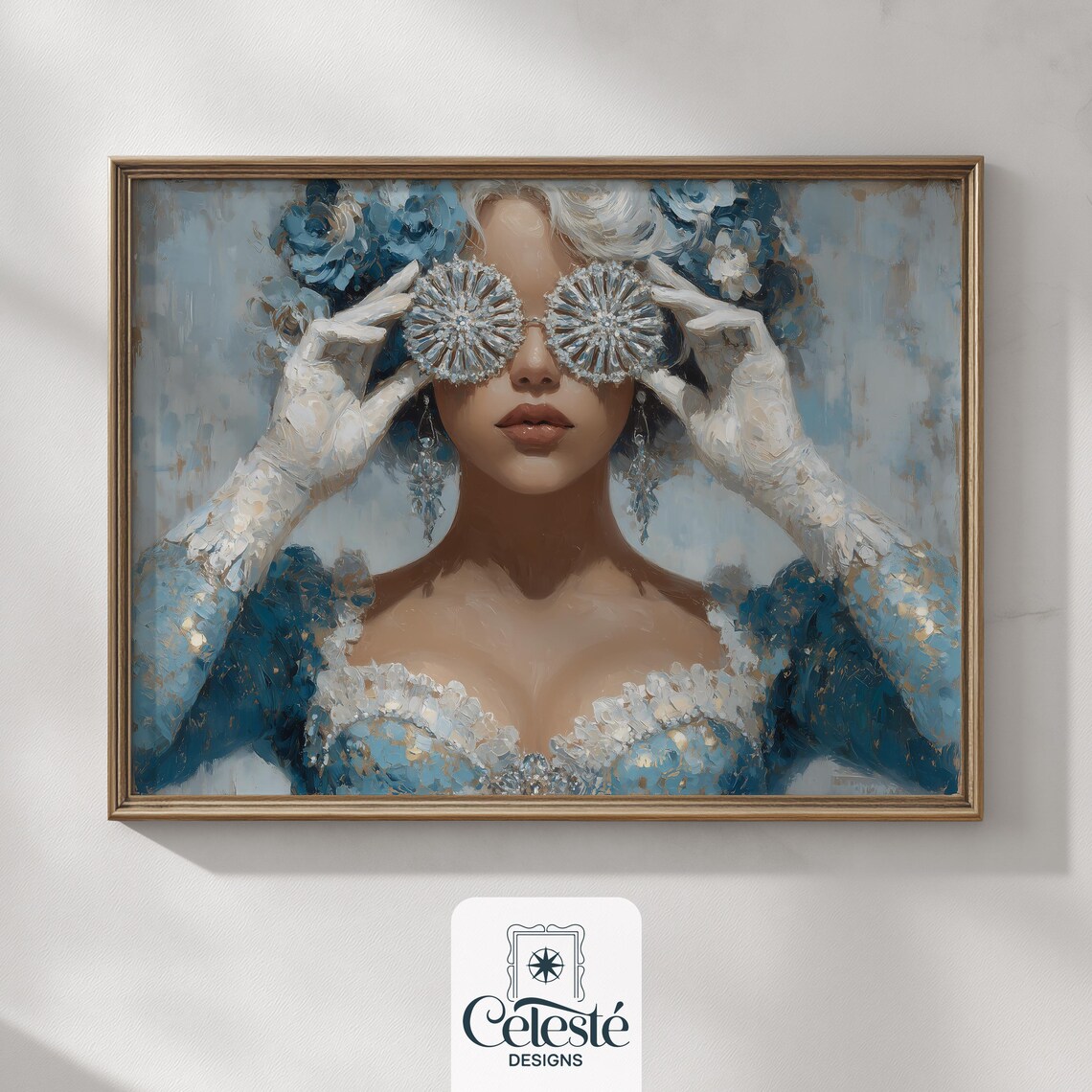 Elegant Woman Jeweled Snowflake Glasses Blue Gown Art Poster