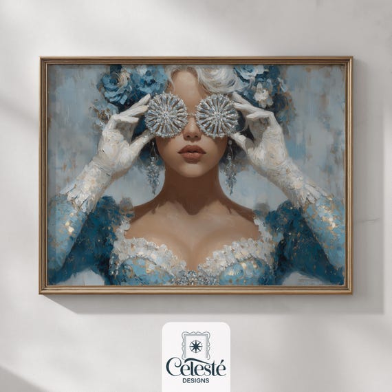 Elegant Woman Portrait Print Jeweled Snowflake Glasses Couture Fashion