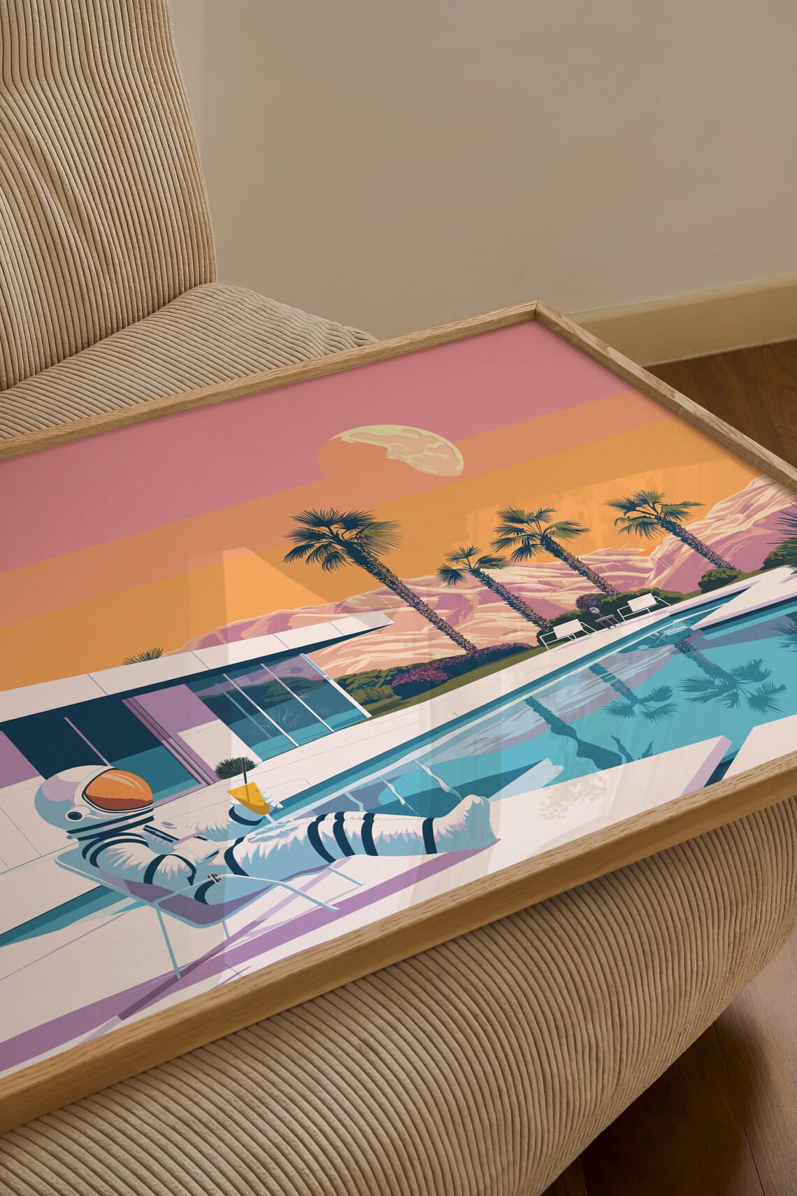 Astronaut Relaxing Poolside with Cocktail at a Retro Pink Sunset Poster - Image 2