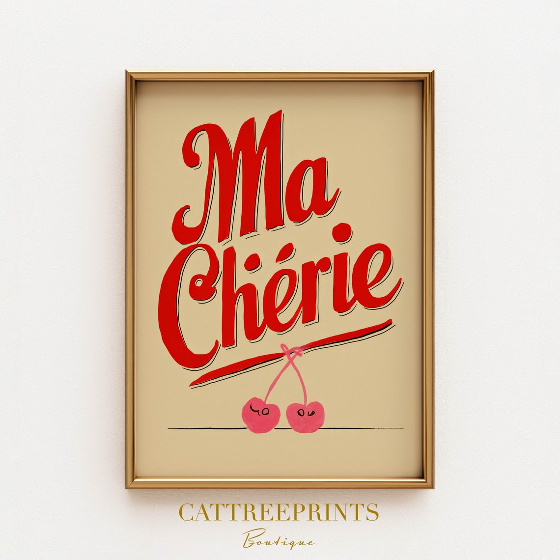Ma Cherie Retro Script Typography Cherry French Romance Poster - Image 3