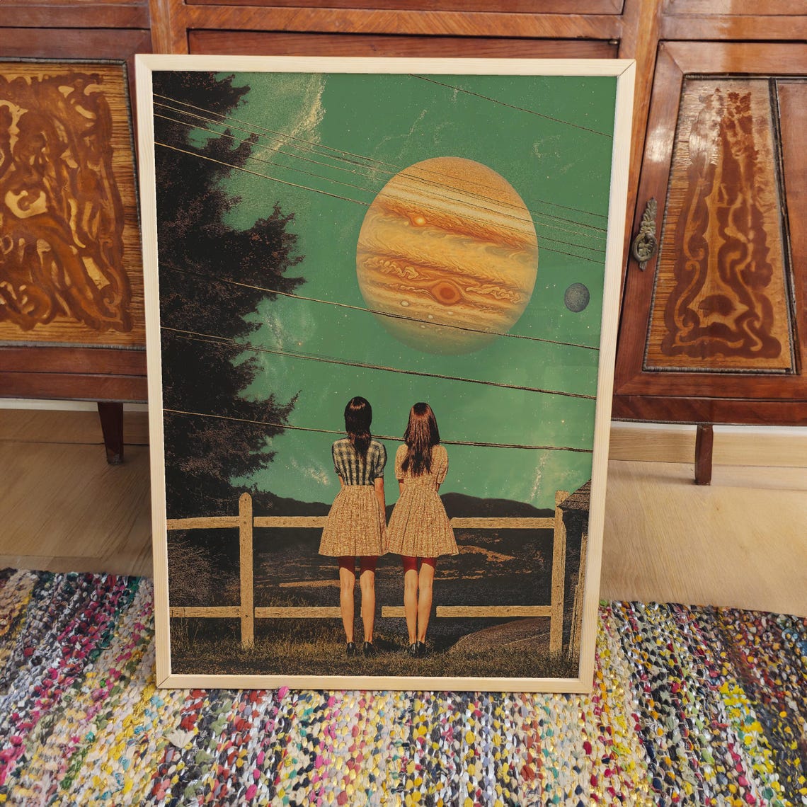 Retro Celestial Jupiter Collage Two Girls Night Sky Surreal Art Poster - Image 3