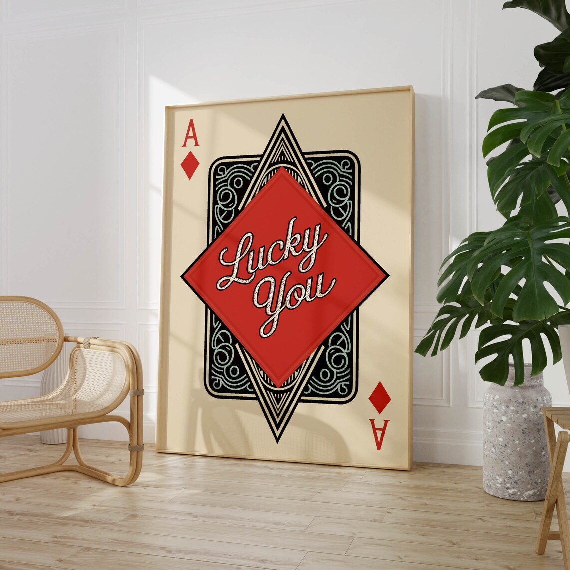 Lucky You Red Ace of Diamonds Ornate Vintage Casino Card Poster