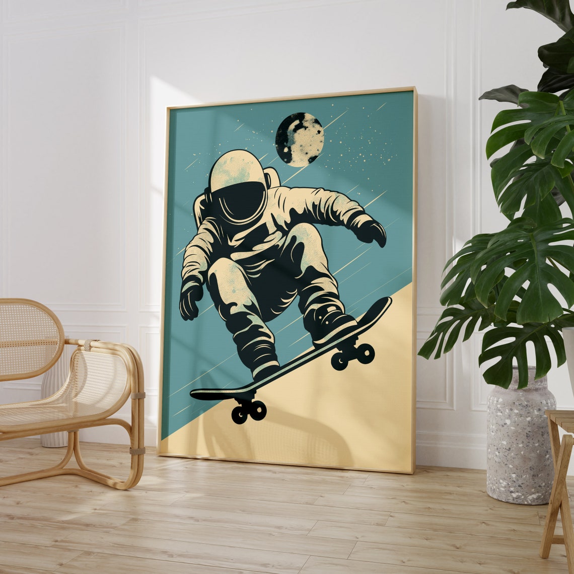 Retro Astronaut Skateboarder Riding Under a Cratered Moon Poster - Image 3