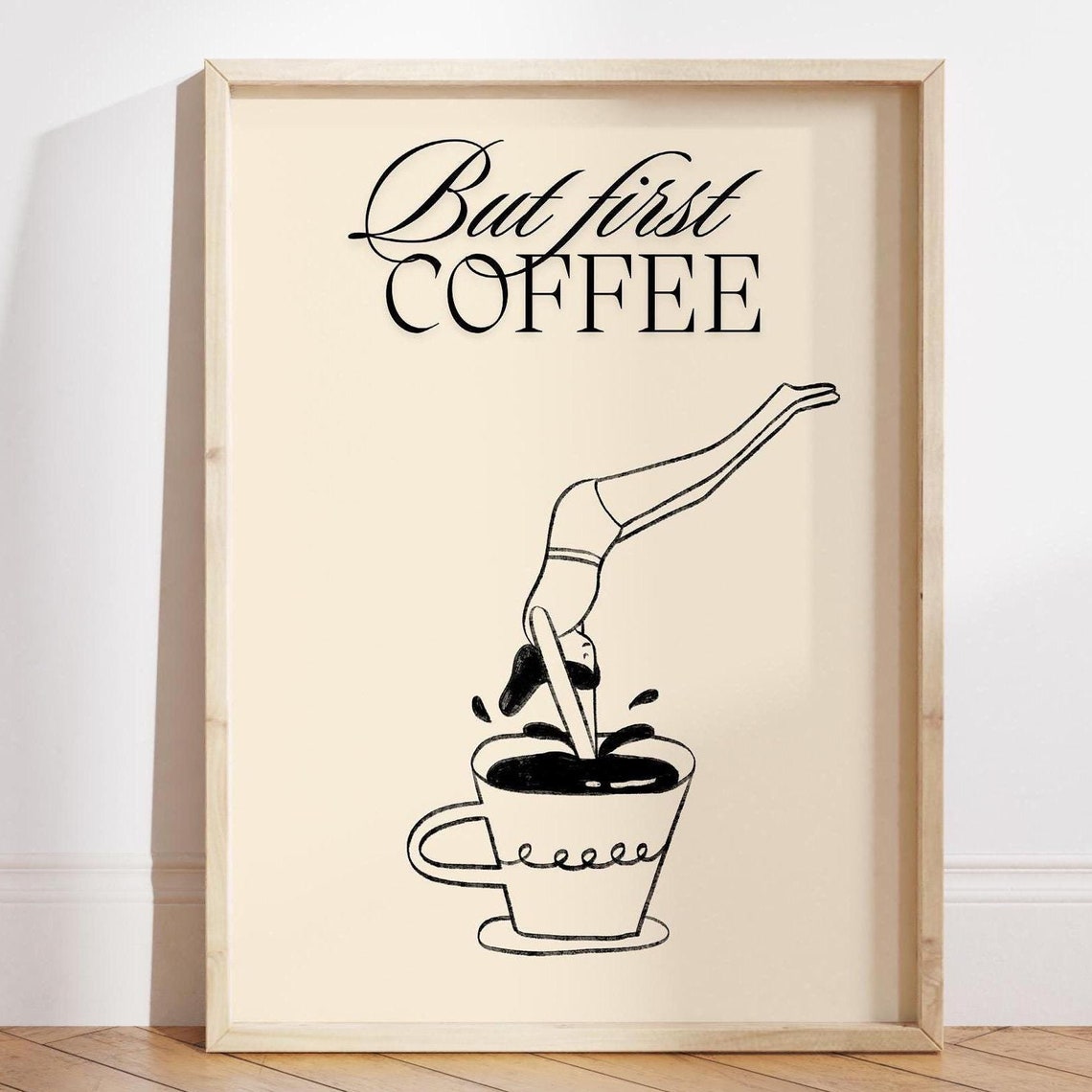 But First Coffee Elegant Script Typography Diving Cup Line Art Poster