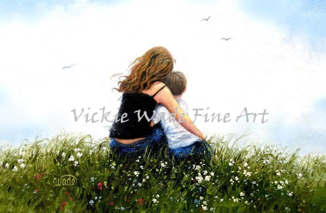 Red Haired Mother Hugging Her Son in a Wildflower Meadow Poster