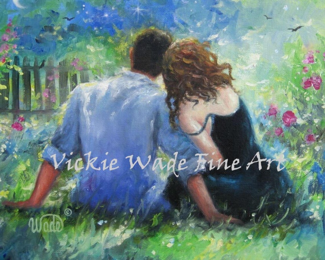 Garden Lovers Art Print Loving Couple Redhead Lady Redhaired Woman Starry Sky Twilight Evening Couple In Love Blue Green Vickie Wade Art