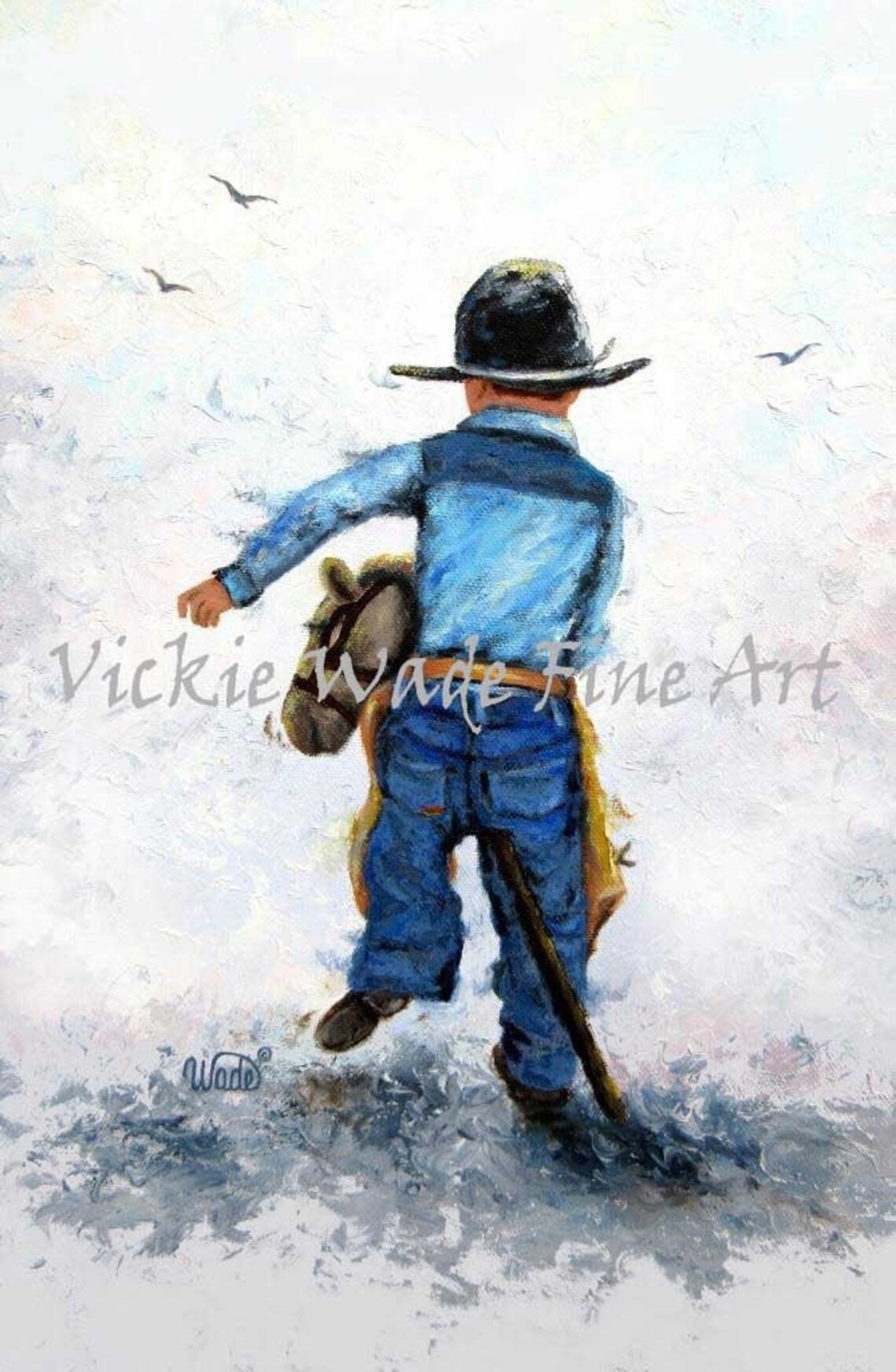 Little Cowboy Boy Riding a Stick Horse in a Western Scene Poster