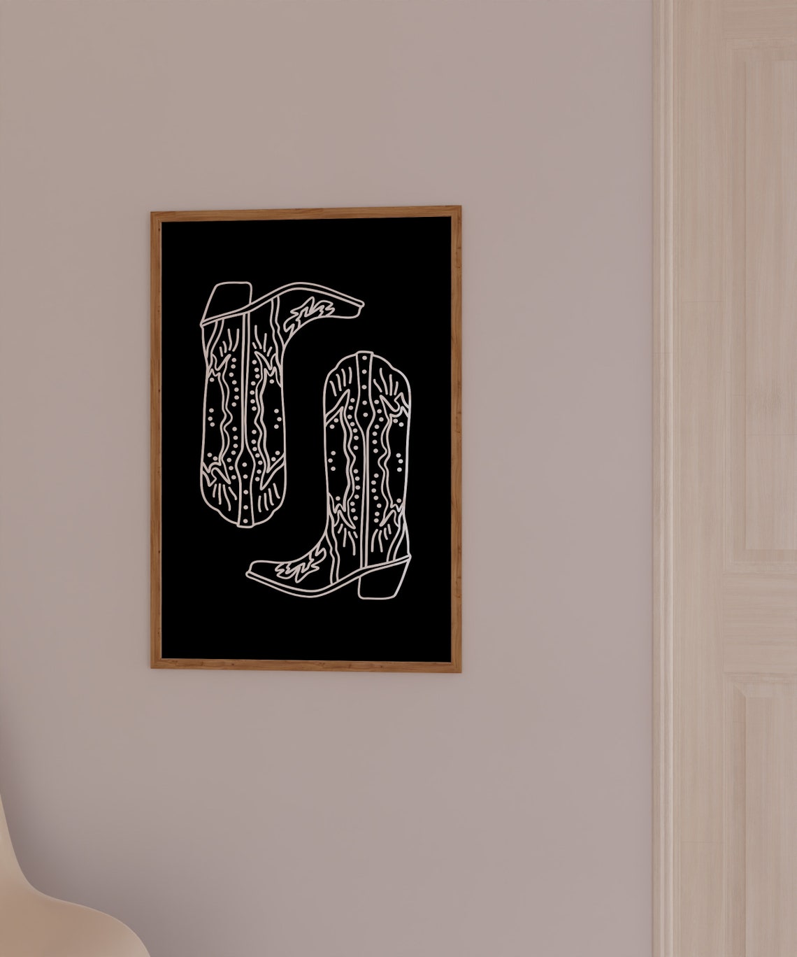 Western Cowboy Boots White Line Art Black Background Rodeo Poster - Image 3