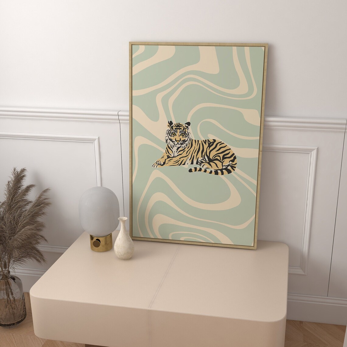 Resting Tiger On Sage Green Groovy Waves Trendy Maximalist Wall Art - Image 3