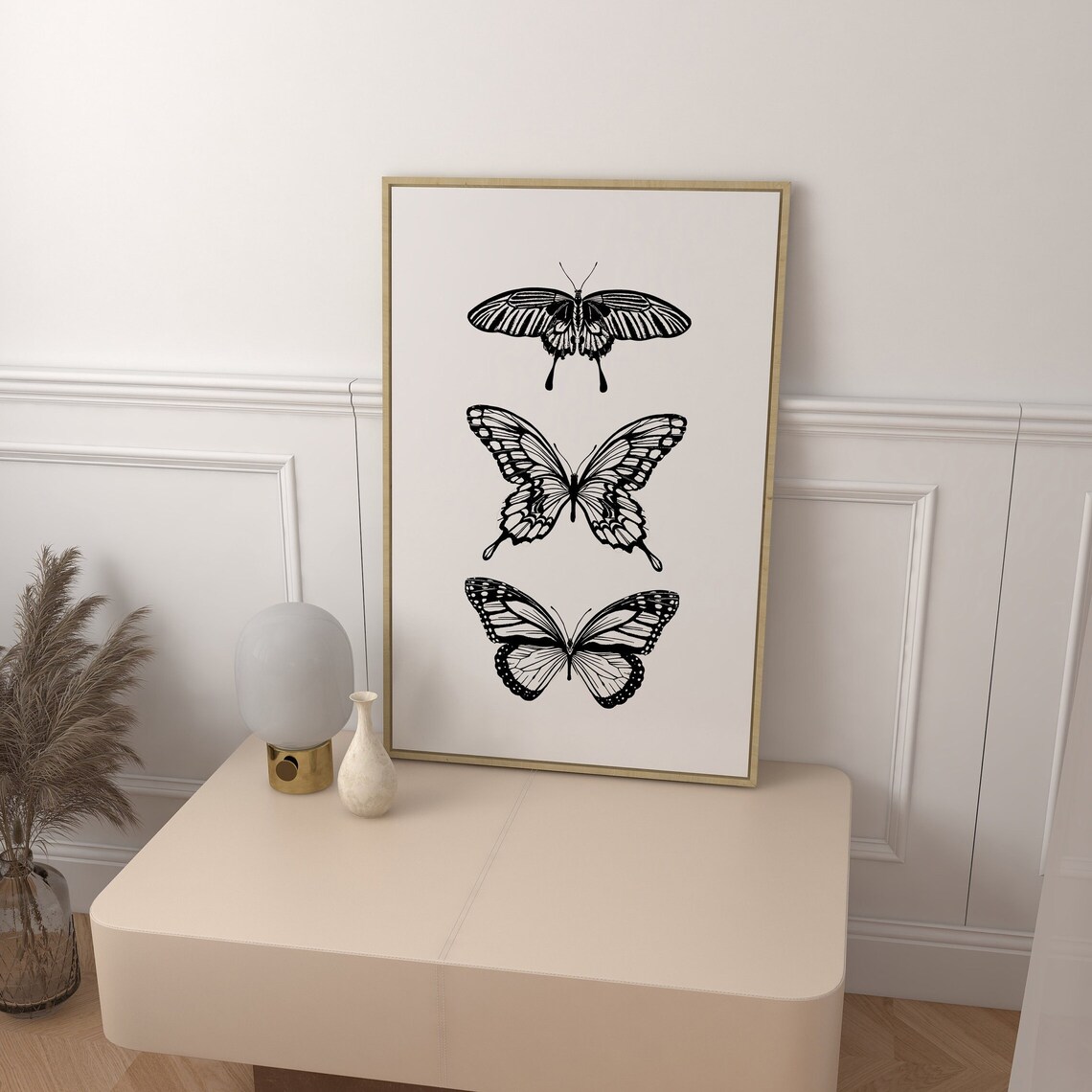 Three Black Butterflies Minimalist White Background Sketch Art Print