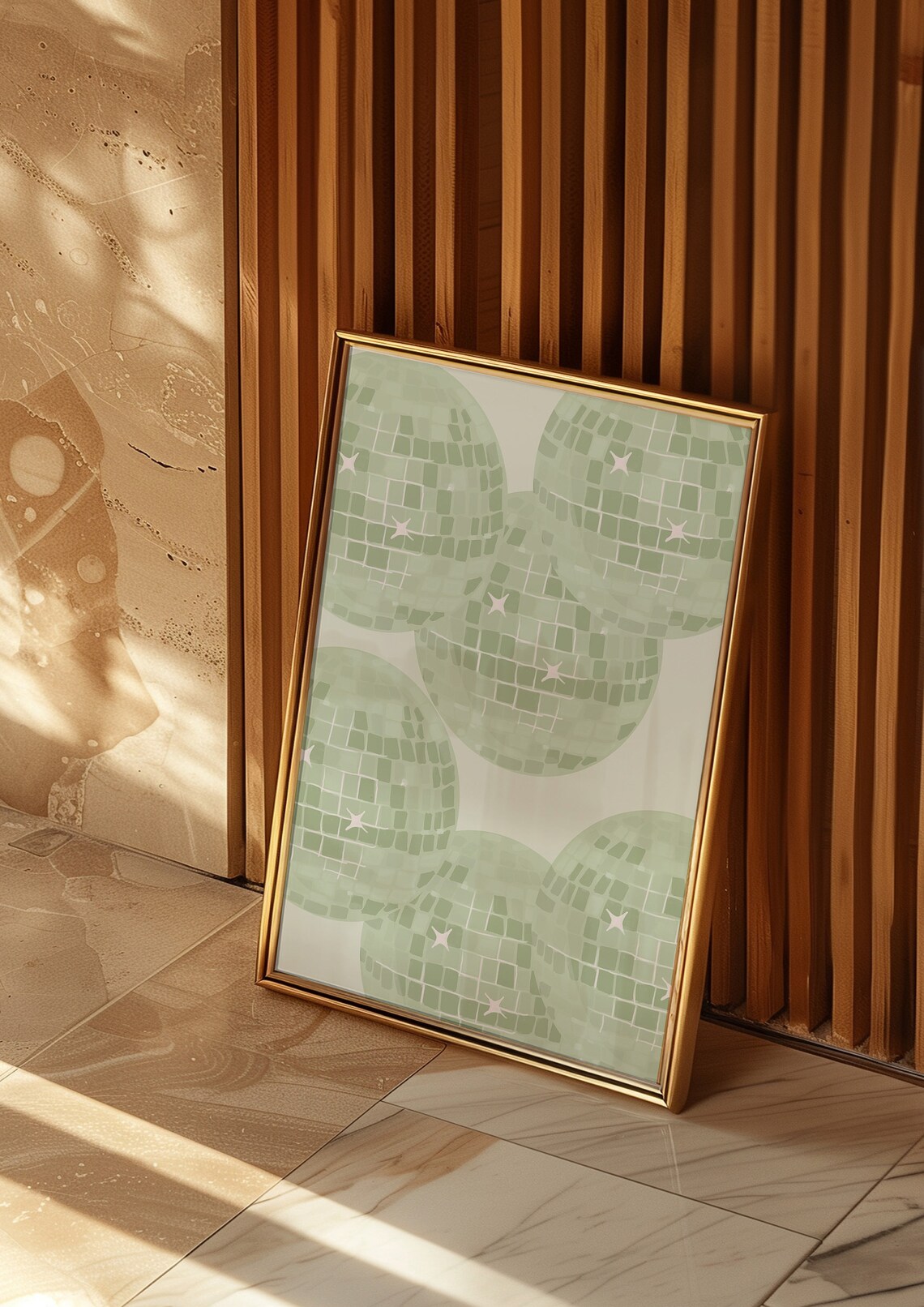 Disco Ball Sage Green Trendy Poster Print
