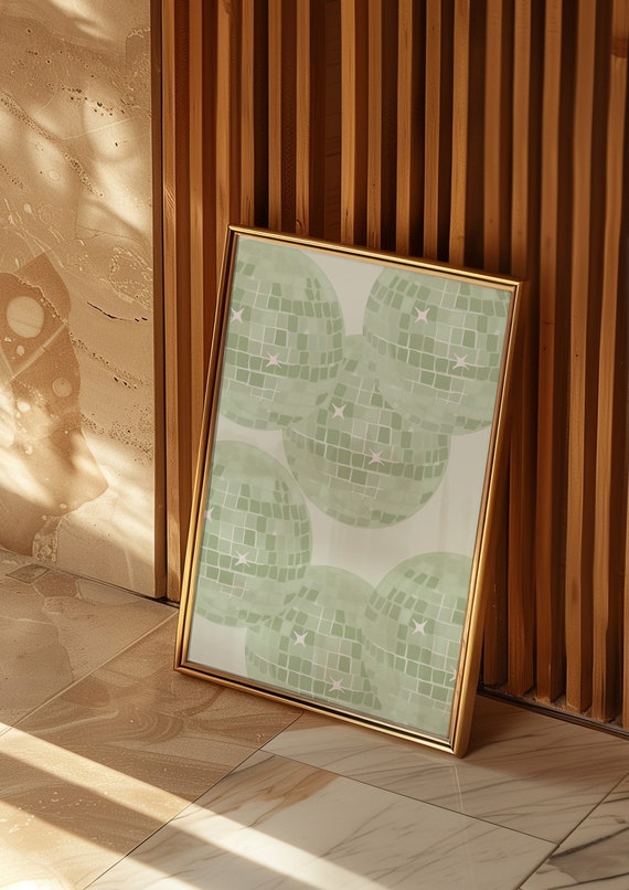 Disco Ball Sage Green Trendy Poster Print