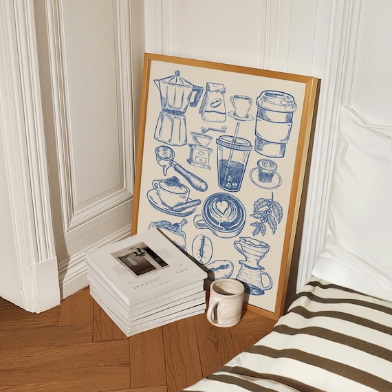 Coffee Wall Art, Navy Coffee Bar Art Print