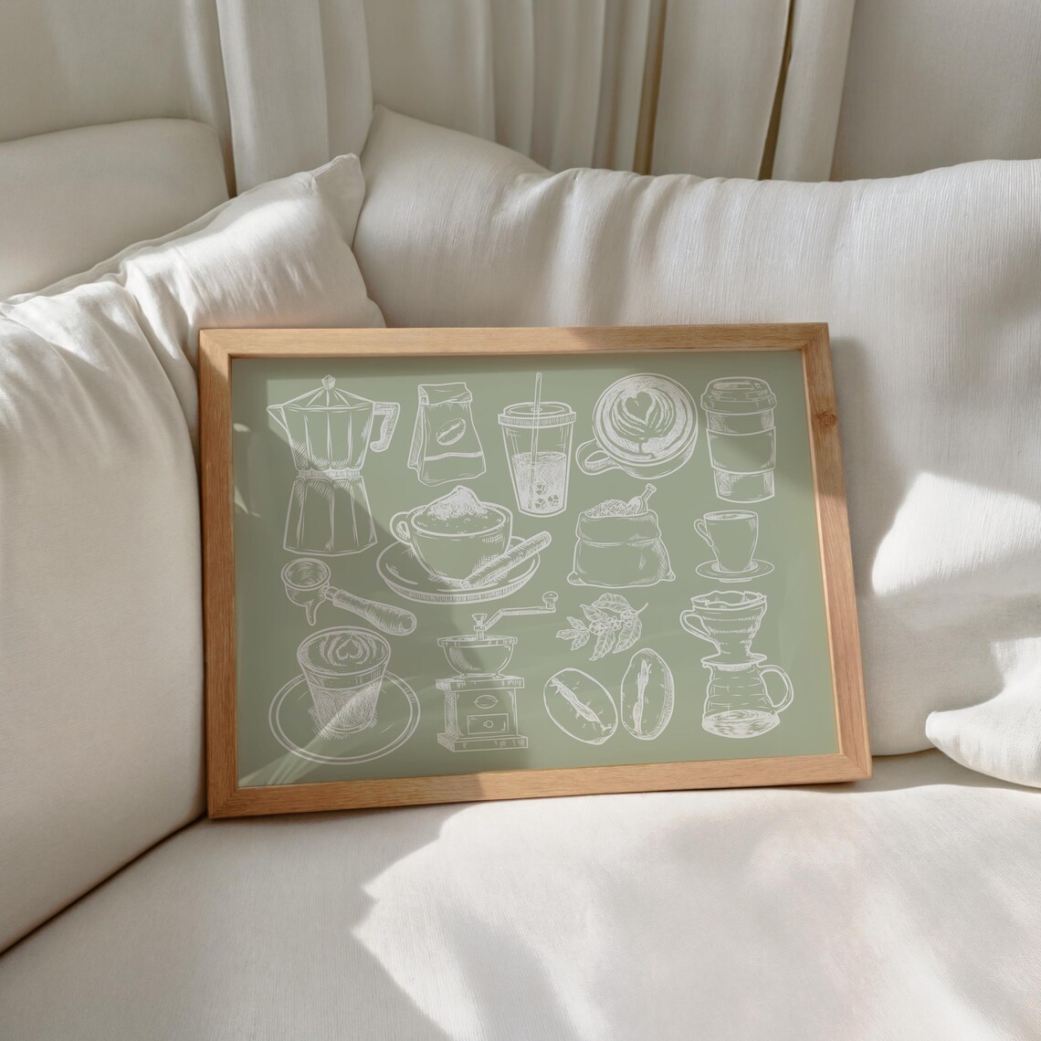 White Line Coffee Collage Sage Green Kitchen Bar Sketch Art Poster - Image 4