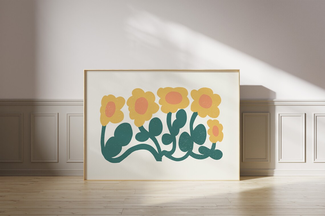 Yellow Daisy Flowers Green Stems Matisse Style Retro Floral Wall Art - Image 3