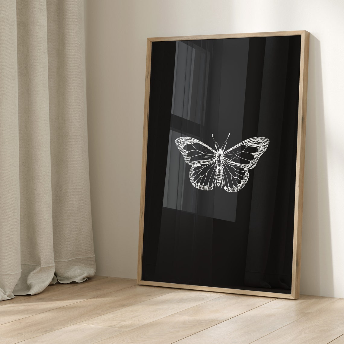 White Moth On Black Background Monochrome Insect Drawing Art Poster - Image 2