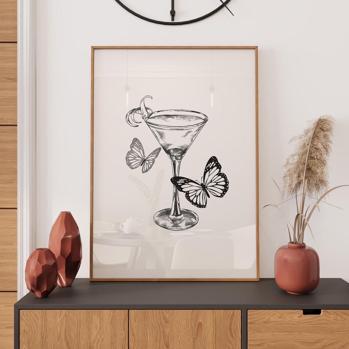 Martini Glass and Butterfly Sketch Trendy Bar Cart Art Poster - Image 3