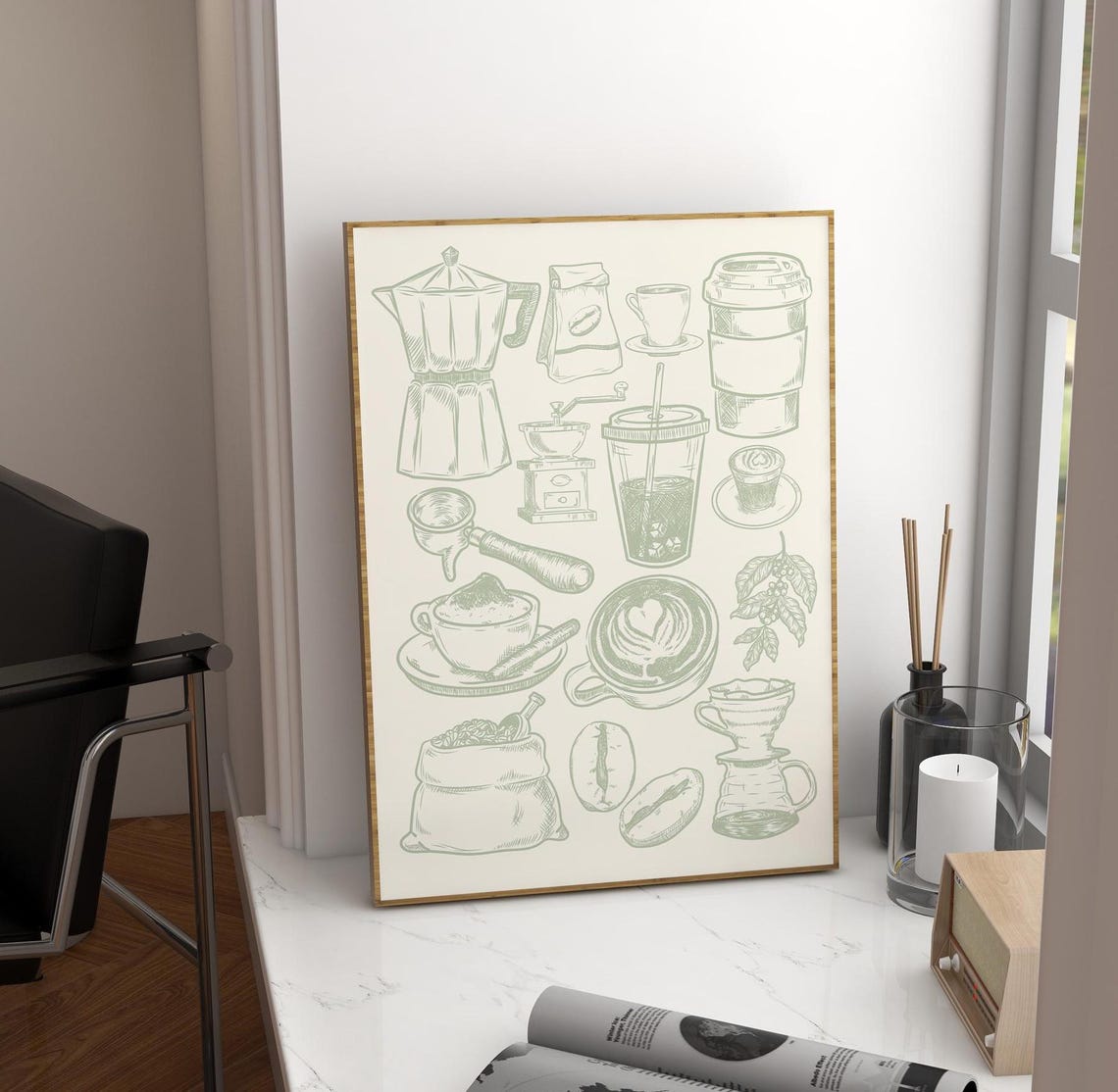 Sage Green Coffee Sketches Moka Pot Latte Barista Kitchen Poster - Image 4