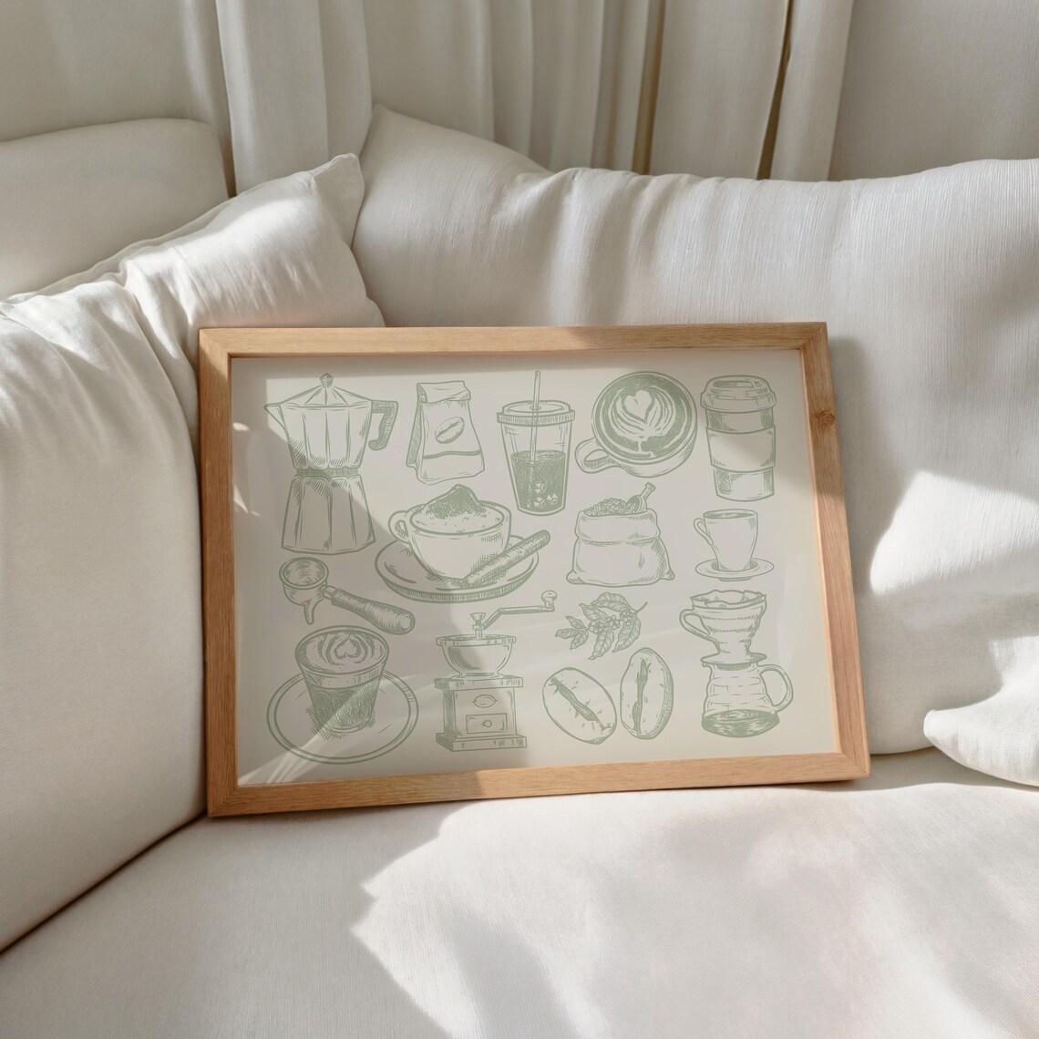Sage Green Coffee Collage Vintage Kitchen Bar Sketch Art Poster - Image 4