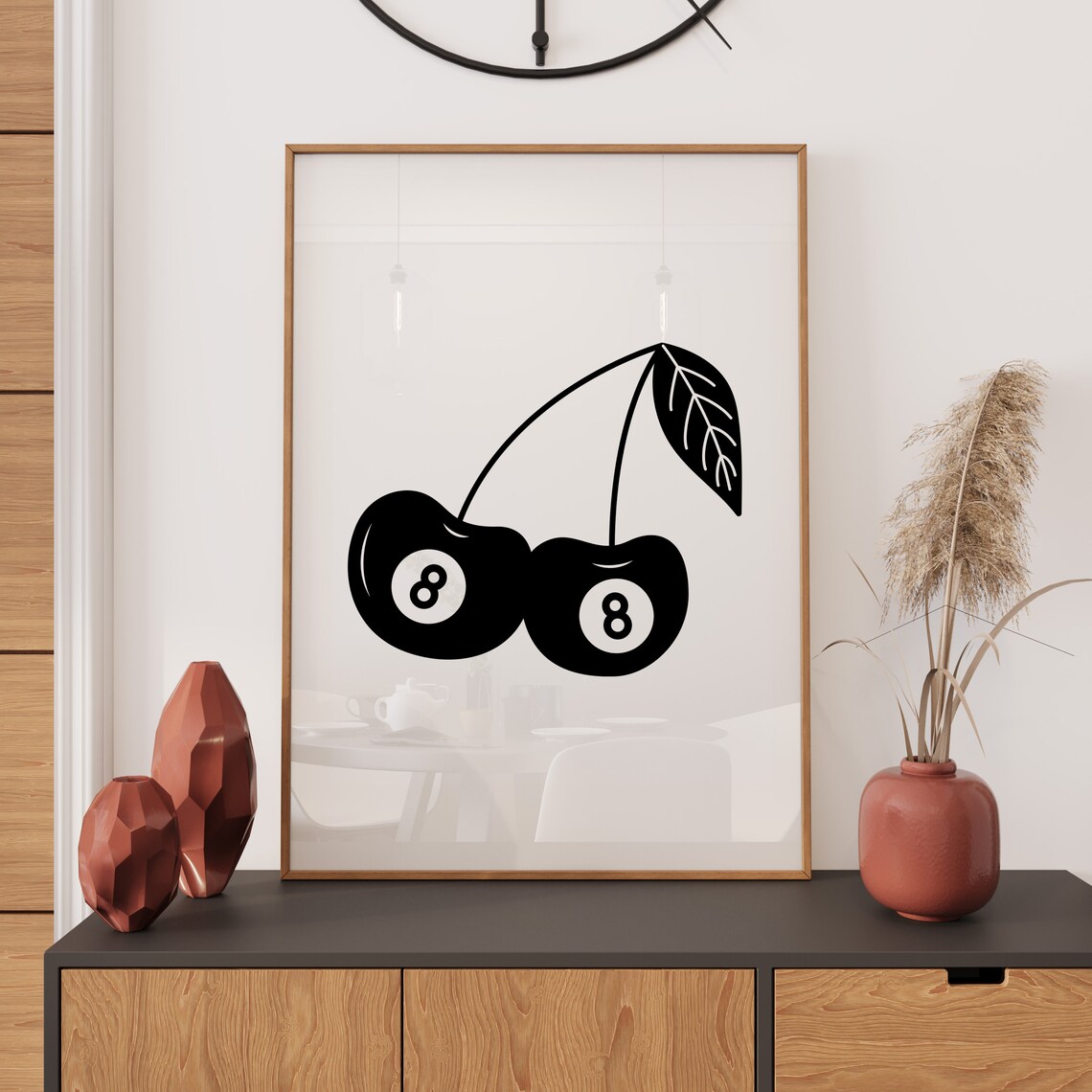 Lucky Eight Ball Cherry Retro Black and White Trendy Art Poster - Image 3
